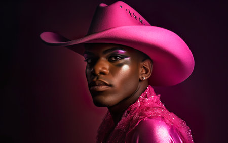 Portrait of a beautiful african american woman wearing a cowboy hatの素材