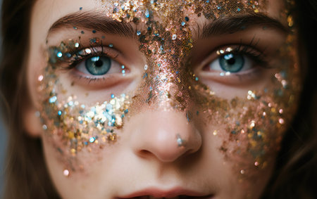 Close-up portrait of a beautiful girl with blue eyes and glitter on her faceの素材