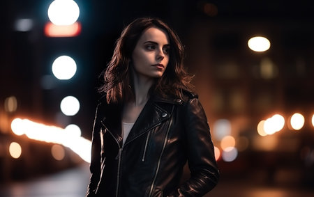 Portrait of a young woman in a leather jacket on the street at night.の素材