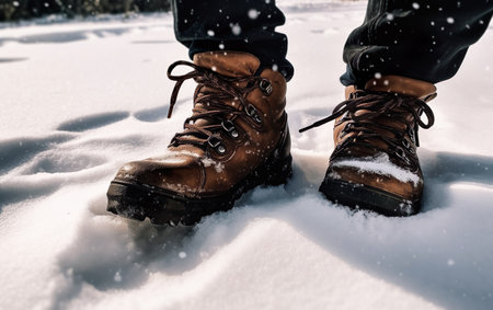 Close-up of a pair of hiking boots on the snow.の素材