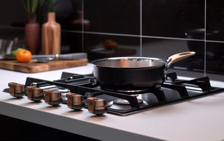 Cooking in a modern kitchen. Black pan on the gas stove.の素材