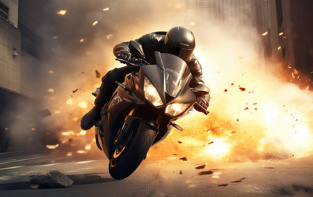 Biker in sportswear riding a motorcycle through the smoke.の素材