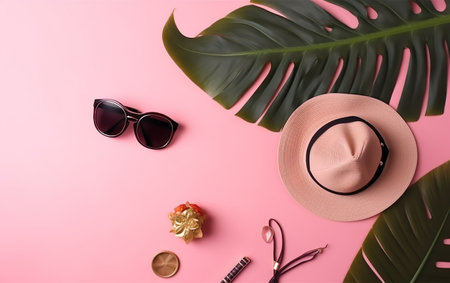 Women's accessories and monstera leaf on pink background, top viewの素材