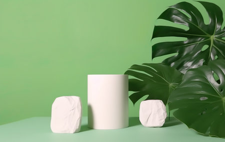 Minimal scene with white podium and monstera leaves on green backgroundの素材