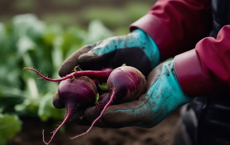Close-up of farmer's hands in gloves holding fresh beetrootsの素材