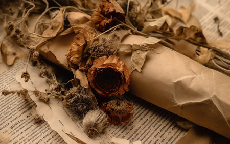 Vintage book with dried flowers on a wooden background. Toned.の素材