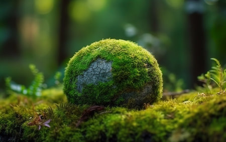 Green moss on stone in the forest. Selective focus with shallow depth of field.の素材