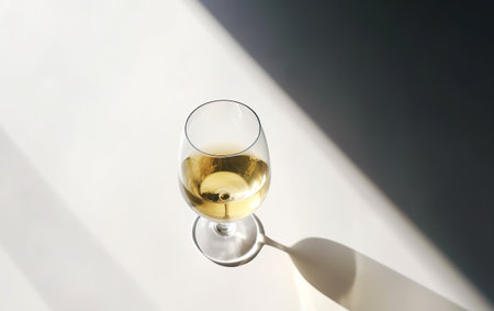 White wine in a glass on a white background with sunlight and shadowの素材