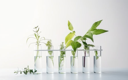 laboratory glassware with plants and test tubes on white backgroundの素材