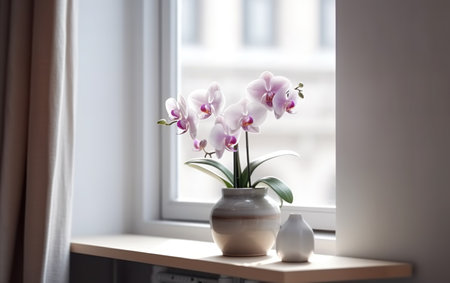 Vase with beautiful orchid flowers on window sill indoors. interior designの素材