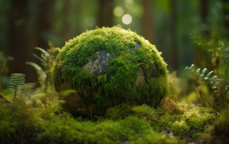Green moss on a stone in the forest. nature background. selective focusの素材
