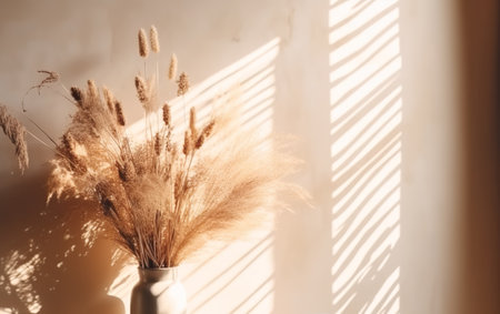 Bouquet of dried pampas grass in vase on light wall backgroundの素材