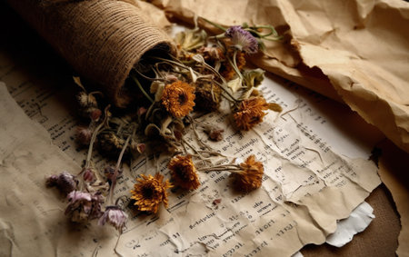 Dried flowers and old paper on a wooden background. vintage style.の素材