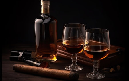 Two glasses of cognac, cigar and corkscrew on dark backgroundの素材