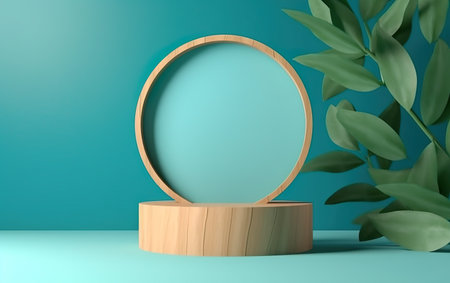 Round wooden podium on green background, 3d rendering. computer digital drawing.の素材
