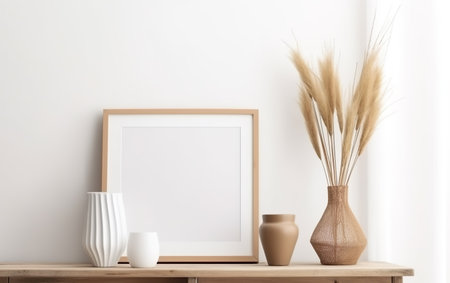 Mock up poster frame, vase and pampas grass on wooden shelf. 3d renderingの素材
