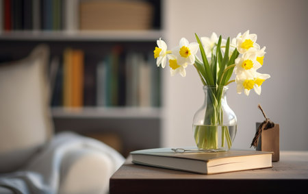 Vase with daffodils and books on table in roomの素材
