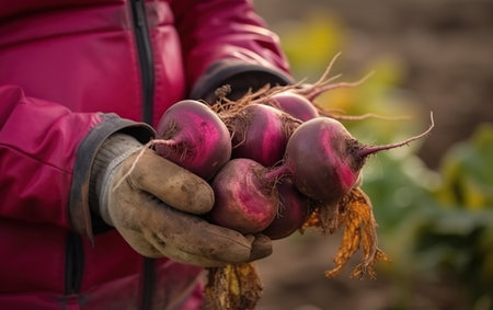 Farmer holding freshly harvested beets on the field, close upの素材