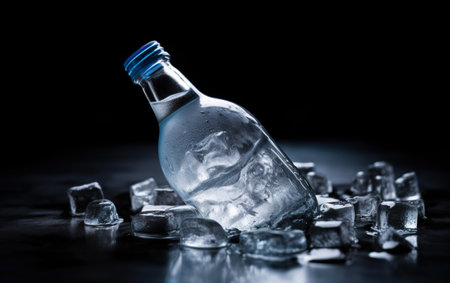 bottle of vodka with ice cubes on black background, selective focusの素材