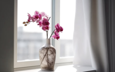 Bouquet of pink orchids in vase on window sillの素材