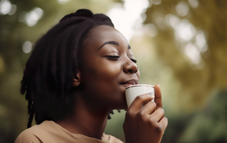 Young african american woman drinking coffee in the park on a sunny dayの素材
