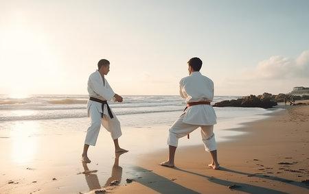 Karate couple training on the beach at sunset. Man and woman in white kimono training on the beach.の素材