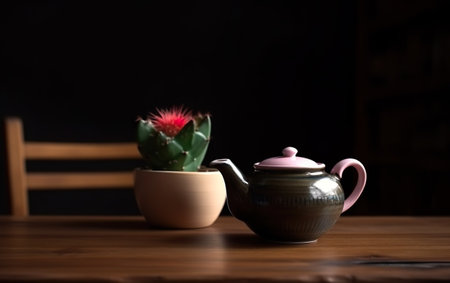 Teapot and cactus on the wooden table in dark roomの素材