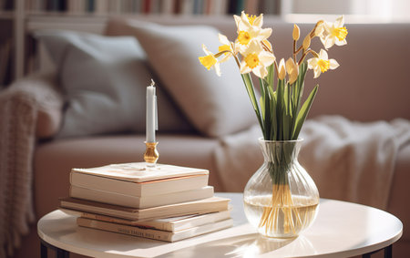 Vase with daffodils, candles and books on tableの素材