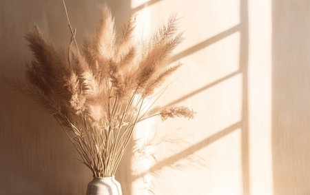 Dried pampas grass bouquet in vase with sunlight and shadows.の素材