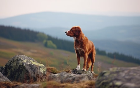 Beautiful Nova Scotia Duck Tolling Retriever dog standing on the rock in the mountainsの素材