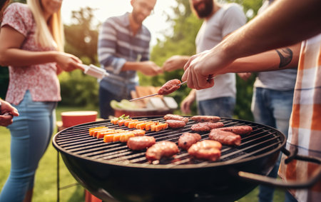 Group of friends grilling sausages on barbecue grill outdoors.の素材