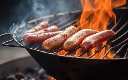 Grilling sausages on barbecue grill with flames, close upの素材