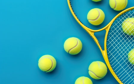 Tennis balls and racket on blue background. top view with copy spaceの素材