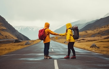 Young couple with backpacks on the road in Iceland. Travel and adventure concept.の素材