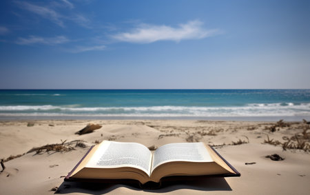 Open book on the beach with sea and blue sky background. copyspace.の素材