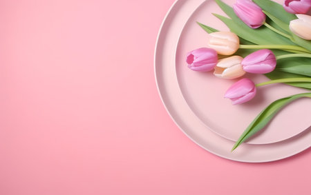Spring table setting with tulips on pink background. top view with copy spaceの素材
