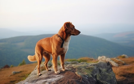 Dog standing on a rock in the mountains. Nova Scotia Duck Tolling Retrieverの素材