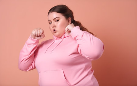 Portrait of a beautiful plus size woman on a pink background.の素材