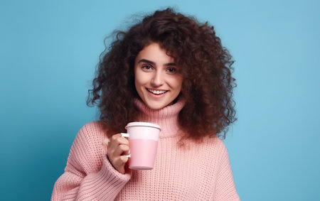 Young woman in pink sweater holding a cup of coffee. blue backgroundの素材