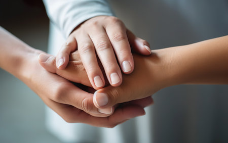 Close-up of a physiotherapist holding hands of a patientの素材