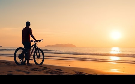Silhouette of a cyclist on the beach at sunset. Concept of healthy lifestyle.の素材