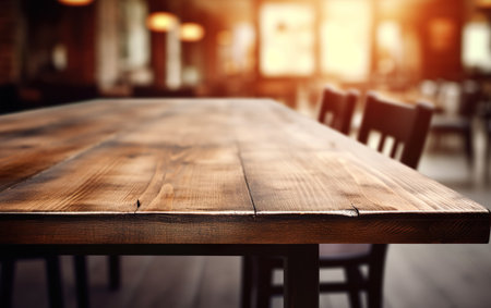 Empty wooden table and chairs in coffee shop, vintage color tone.の素材