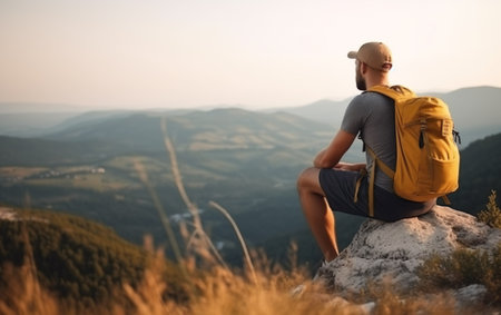 Hiker with backpack sitting on top of a mountain and enjoying the viewの素材