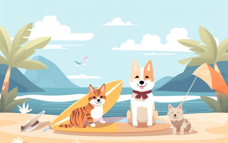 Animal cat and dog summer holiday. AI, Generative AIの素材