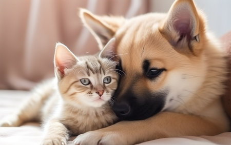 Adorable puppy and kitten lying together in a loving. AI, Generative AIの素材