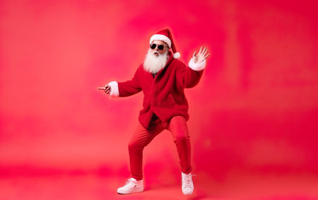 Christmas Trendy Santa dancing on red background. AI, Generative AIの素材