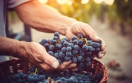 Farmer male hands picking grape grapes harvest. AI, Generative AIの素材
