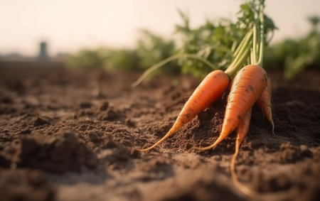 Freshly picked carrots on the soil in a field. AI, Generative AIの素材