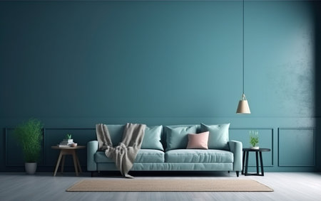 Modern cozy living room and blue wall texture background. AI, Generative AIの素材