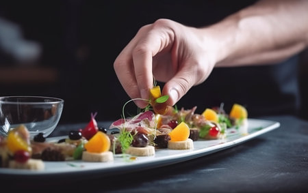 Modern food stylist decorating meal for presentation. AI, Generative AIの素材